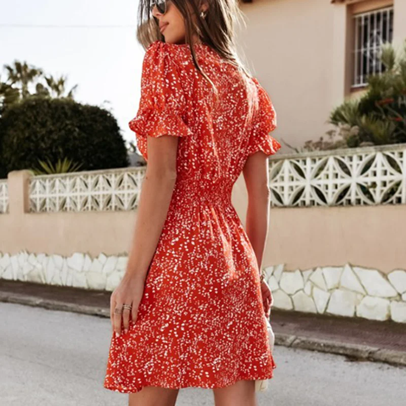

Elegant Women Floral Print Lantern Short Sleeve Dress Fashion Button Slim A-Line Party Dresses Ladies Sexy V-Neck Casual Dresses