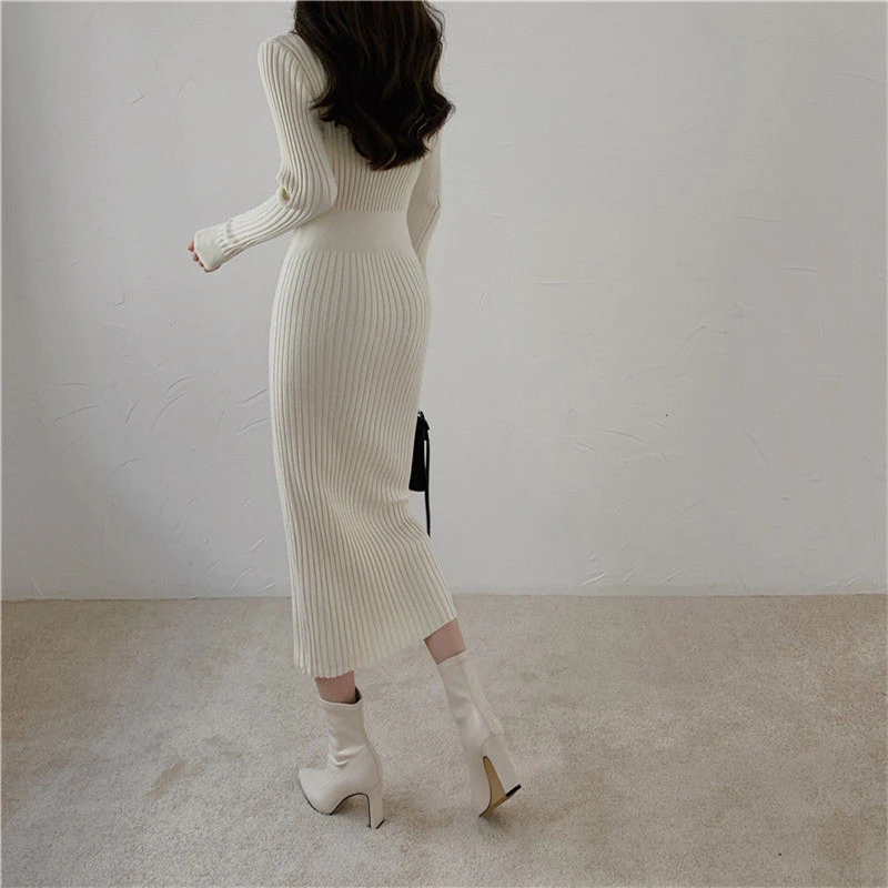 

Fashion V-Neck Elastic Sexy Bodycon White Long Dress Women Elegant Black Slim Knit Party Dress Vintage Solid Long Sleeves Dress