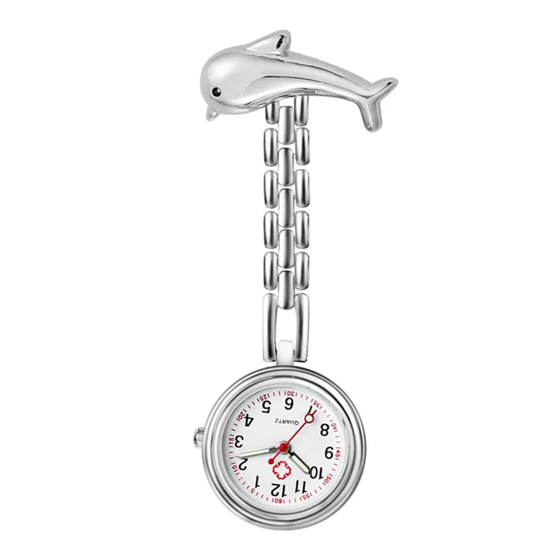Dolphin Nurse Watch 5pcs fish-shaped Doctor Hanging Clock Noctilucent Cartoon Alloy Student Nurse Hospital Pocket Watch Silver