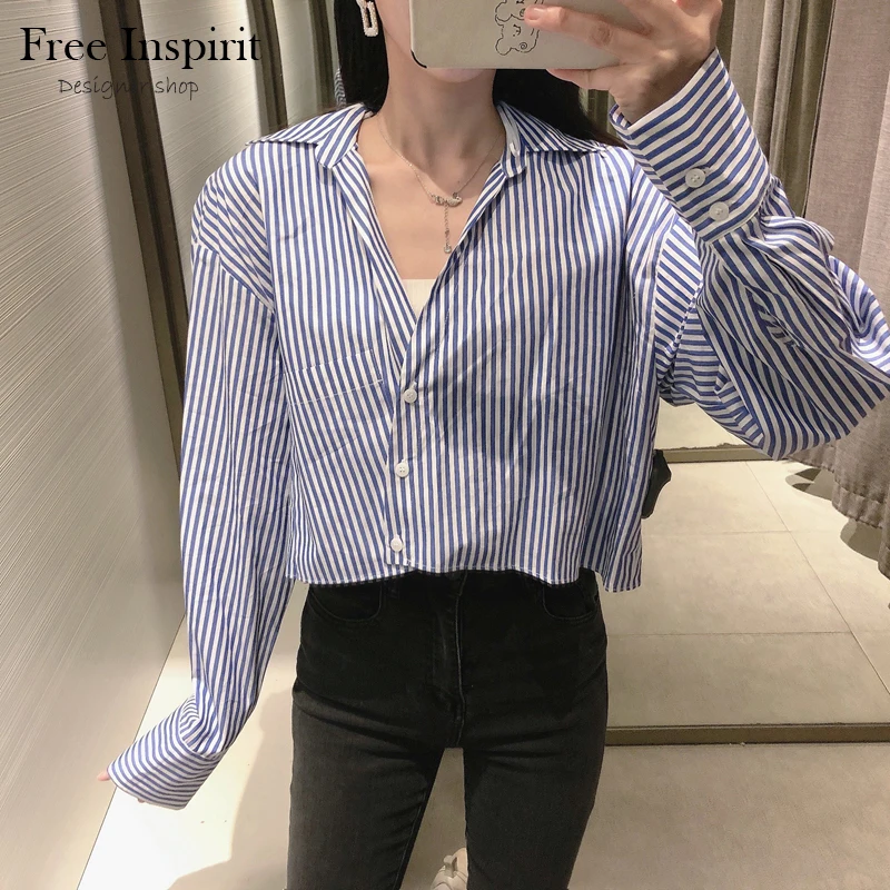 

Spring New Women's Leisure Style Shirt Stripe Tailored Collar Design Single Breasted Decoration Women's Striped Short Shirt