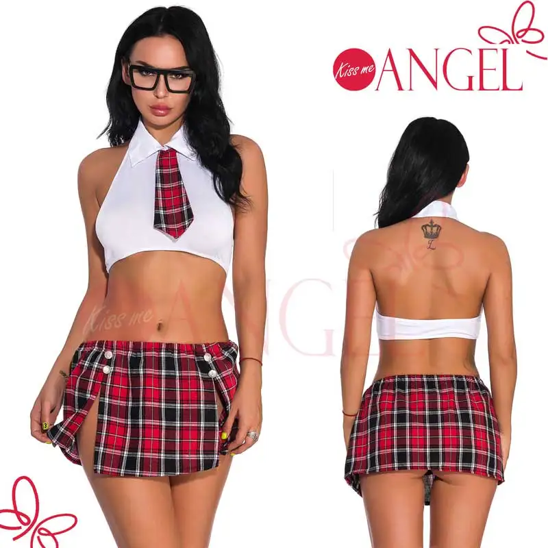 KISS ME ANGEL perspective bra set top grid skirt naughty school girl sexy costume |