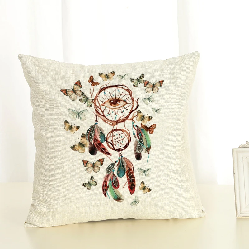 Декоративная наволочка с принтом Ловца снов льняная хлопковая рисунком перьев