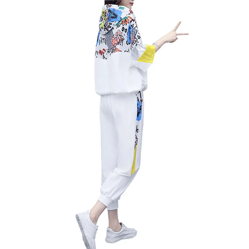 

2020 Summer New Sportswear Casual Two-piece Loose Fashion Hoodie Printed Sweater Was Thin Harem Pants Sports Suit Female