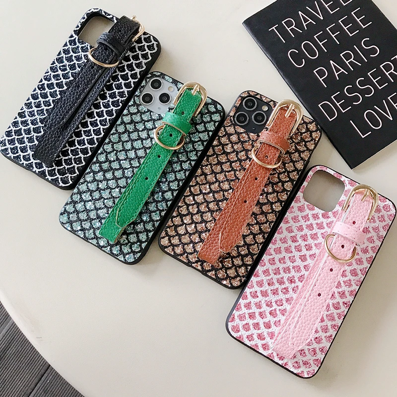 

Signalshin Belt Buckle Wrist Strap Fsahion Case For iPhone 12 SE XR XS 11 Pro MAX 6s 7 8P Shining Bling Fish Scales Holder Cover