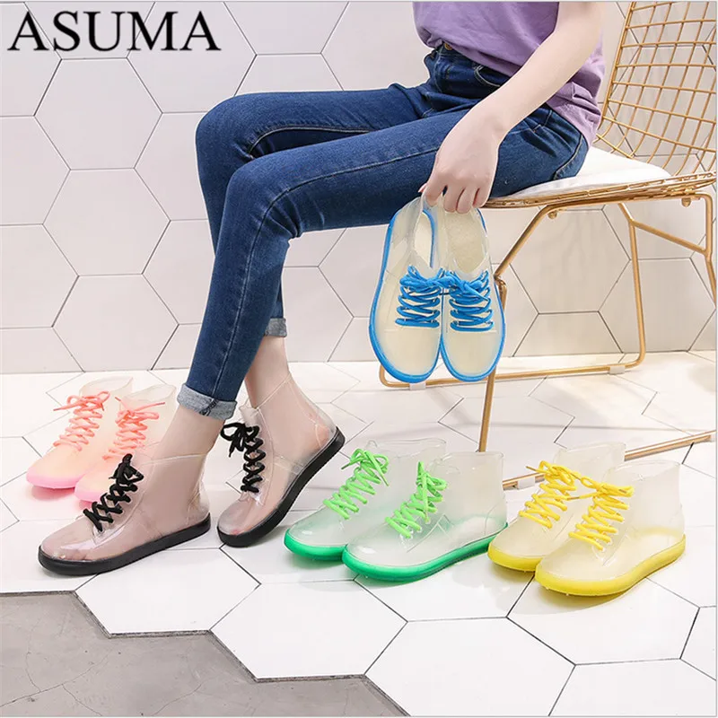 Непромокаемые ботильоны со съемным чехлом на платформе прозрачные шнуровке из