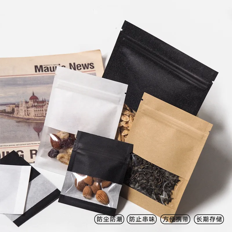 

100Pcs Brown White Black Kraft Paper Ziplock Bags with Window Food Earring Jewelry Food Packaging Pouches