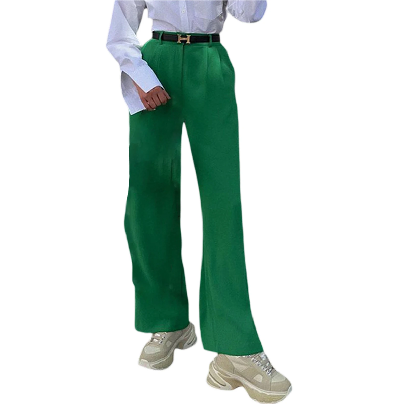 

Офисные женские осенние прямые длинные брюки, однотонные Костюмные брюки с высокой талией и карманами для девочек