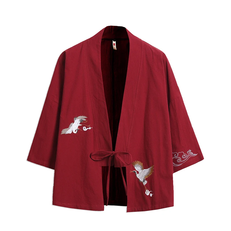 DIMI Male Harajuku Streetwear Vintage Belt Kimono Cardigan Men Embroidery Crane Kimono Chinese Style Shirts