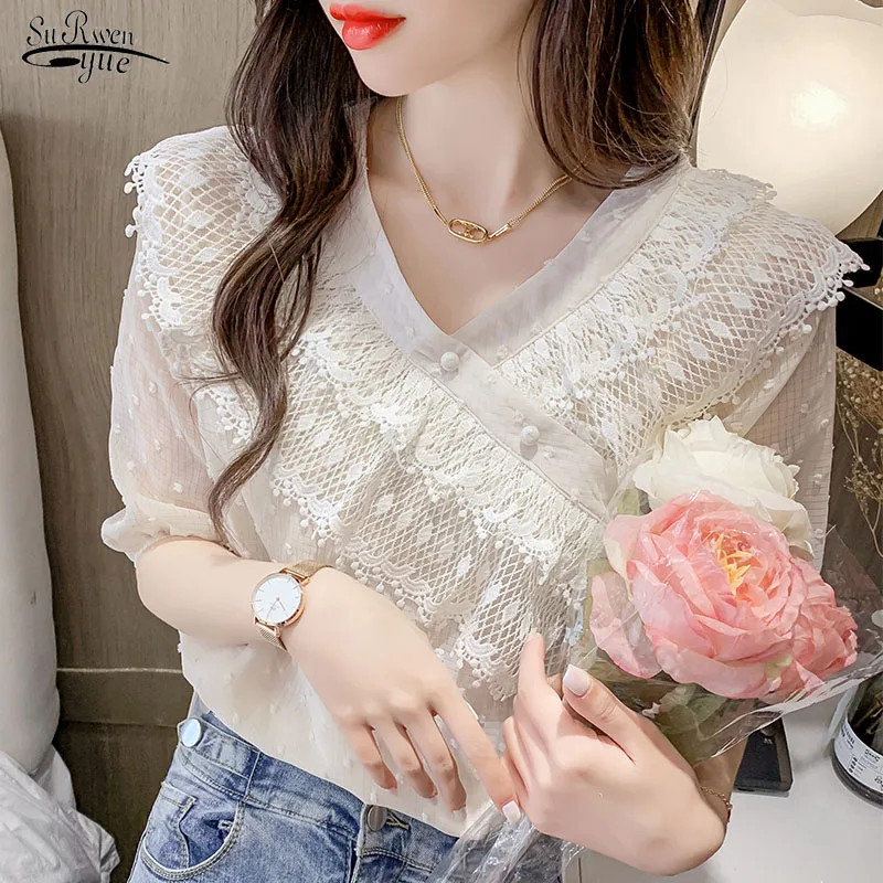 

2021 Summer French Retro Women Blouse V-neck Lace Polka Dot Bubble Short Sleeve Ruffle Tops Slim Jacquard Chiffon Shirt 15247