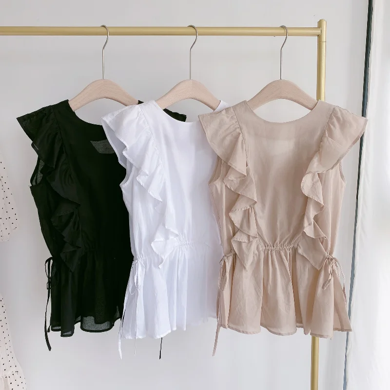 

Sweet Japan Style Ruffles Blouse Women O Neck Lace-up Flying Sleeve Shirts Women Simple Office Ladies Elegant Blusas Femme