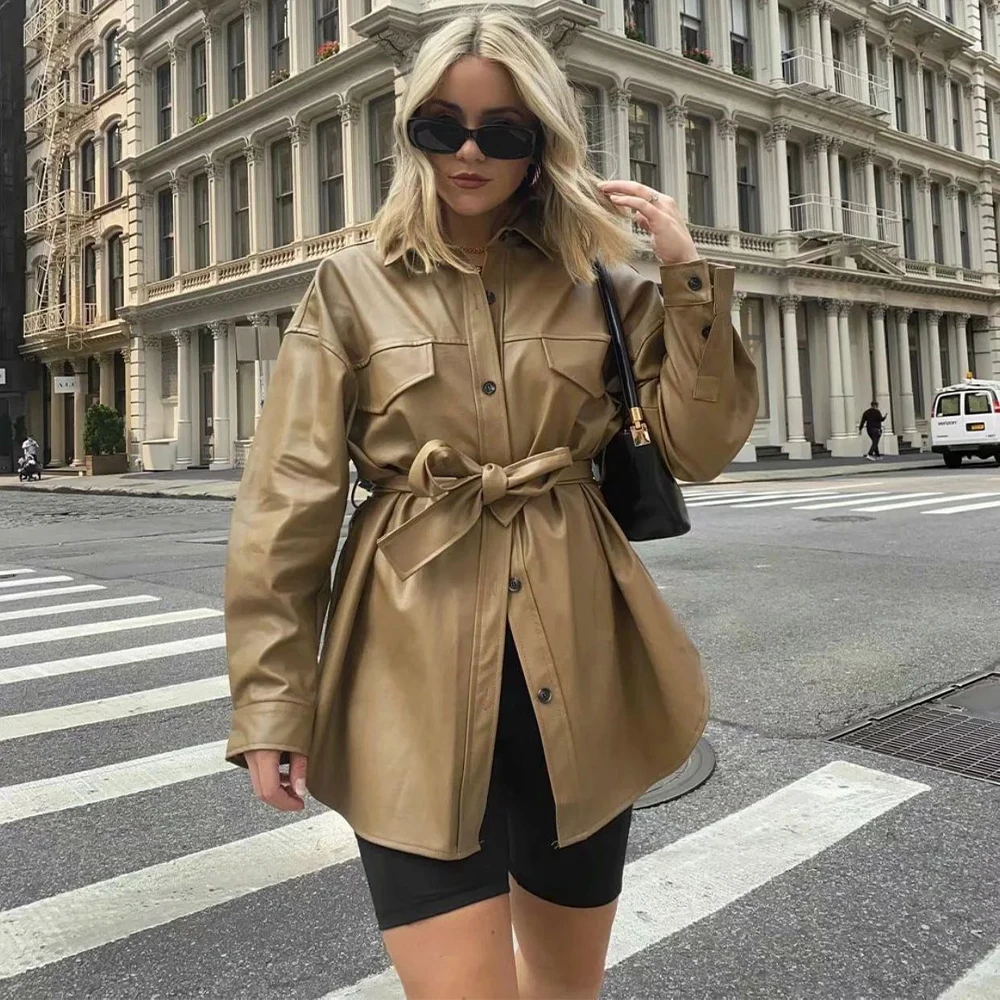 

New Pop Fall Winter Women Jacket Long Sleeves Belted Warm Casual Vogue High Street Faux leather Women Coat Outfits Tops