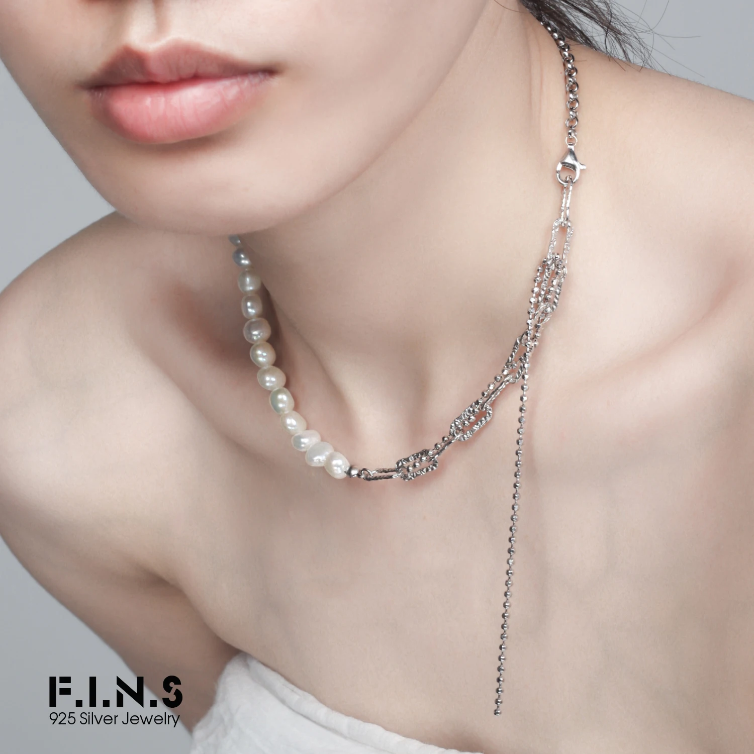 

F.I.N.S INS Style Trendy Baroque Pearl S925 Sterling Silver Necklace Asymmetry Link Bead Chain Freshwater Pearl Choker Necklace