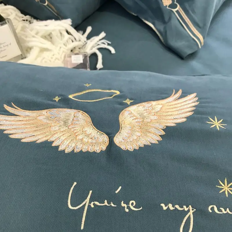 

25 Blue Cotton Embroidery Luxury wedding Bedding set King Queen size Duvet Cover Pillowcase Bedsheet 4pcs #a