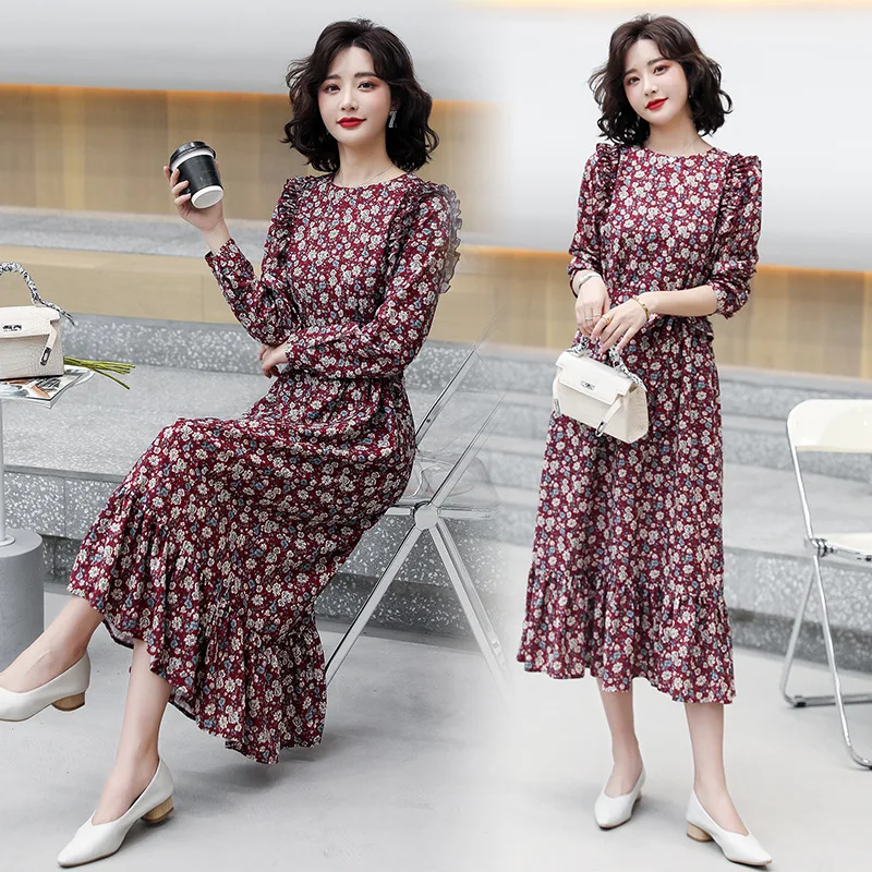 

Молоко папайи 2021 новый сезон весна-лето в Корейском стиле; Платье с цветочным рисунком с тонкой талией и шифоновая рубашка темперамент Круг...