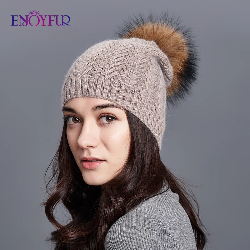ENJOYFUR, женские зимние шапки, натуральный мех енота, помпон, шапка, Женская шерстяная вязаная шапка, для девушек, Skullies Beanies, теплая шапка Гравити Фолз