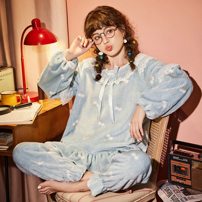 

Осенне-зимняя плотная теплая женская пижама с длинными рукавами маленький свежий Кружевной Костюм принцессы для домашнего сервиса JJF0174