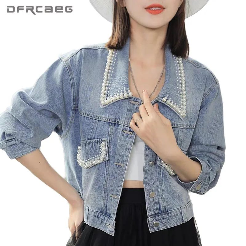 

Куртка женская джинсовая с длинным рукавом, уличная одежда в винтажном стиле, свободная верхняя одежда из денима с бусинами и жемчужинами, Р...