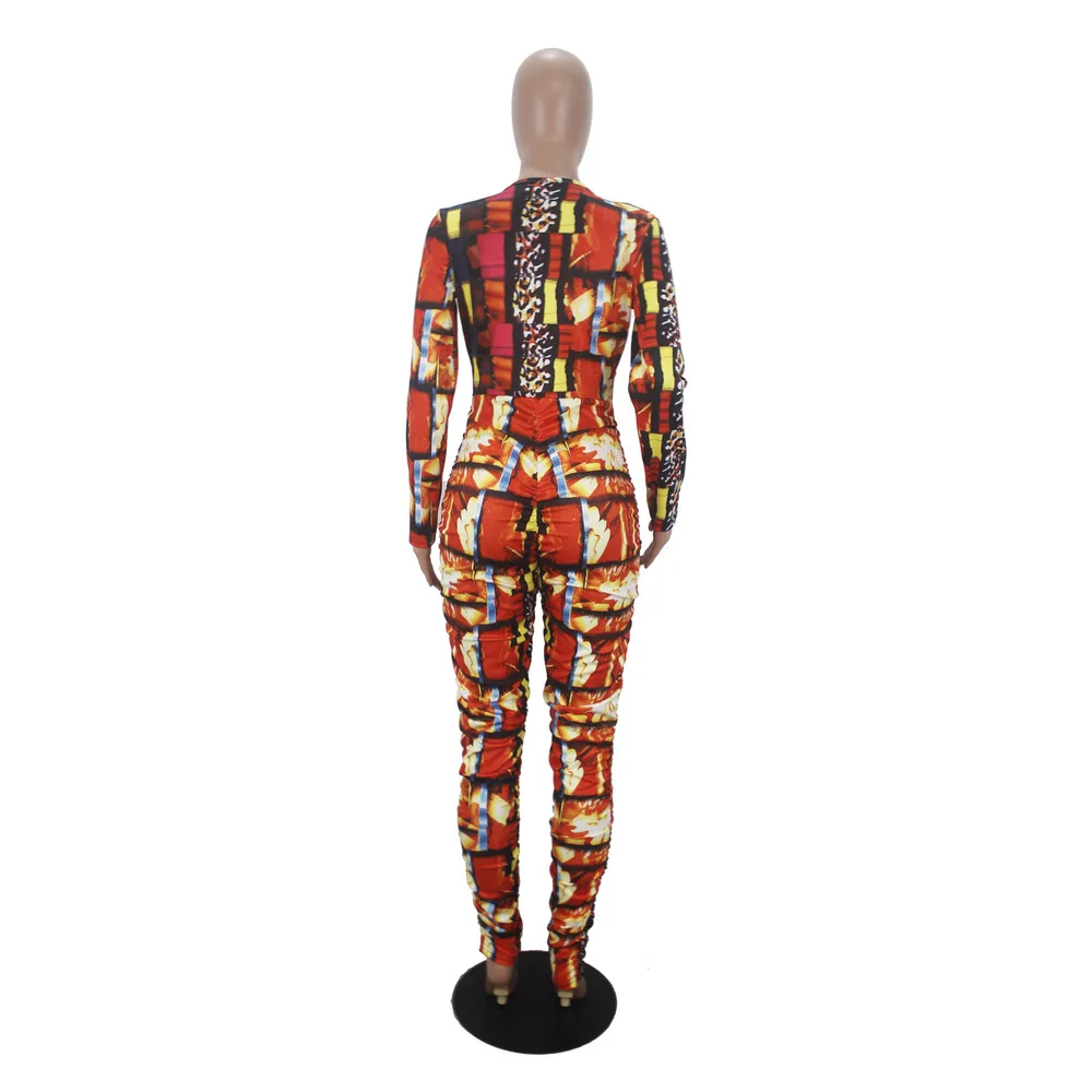 

Geometric Print Slim Rompers Womens Jumpsuit Deep V Neck Long Sleeve One Piece Overalls Streetwear One Piece Club Long Bodysuit