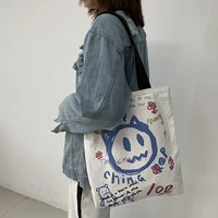 cute cartoon doodle design womens canvas bag single shoulder large capacity white fashion trend zipper portable shopping bag
