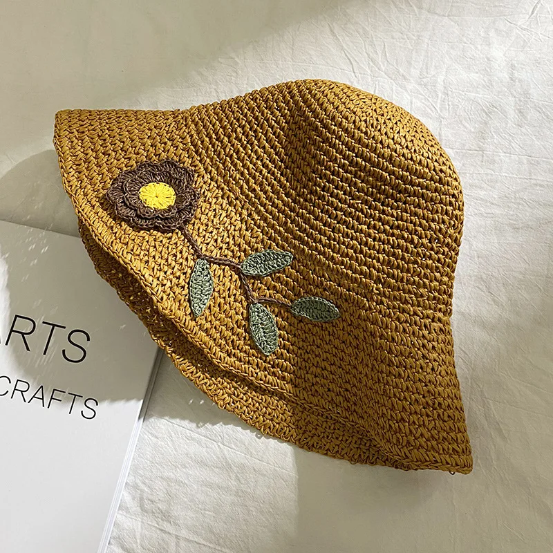 

Fashion Women Summer New Women's Sun Hat Bucket Cap Beige Flowers Ribbon Flat Top Straw Hat Beach Caps Panama Lady Hat Outdoor