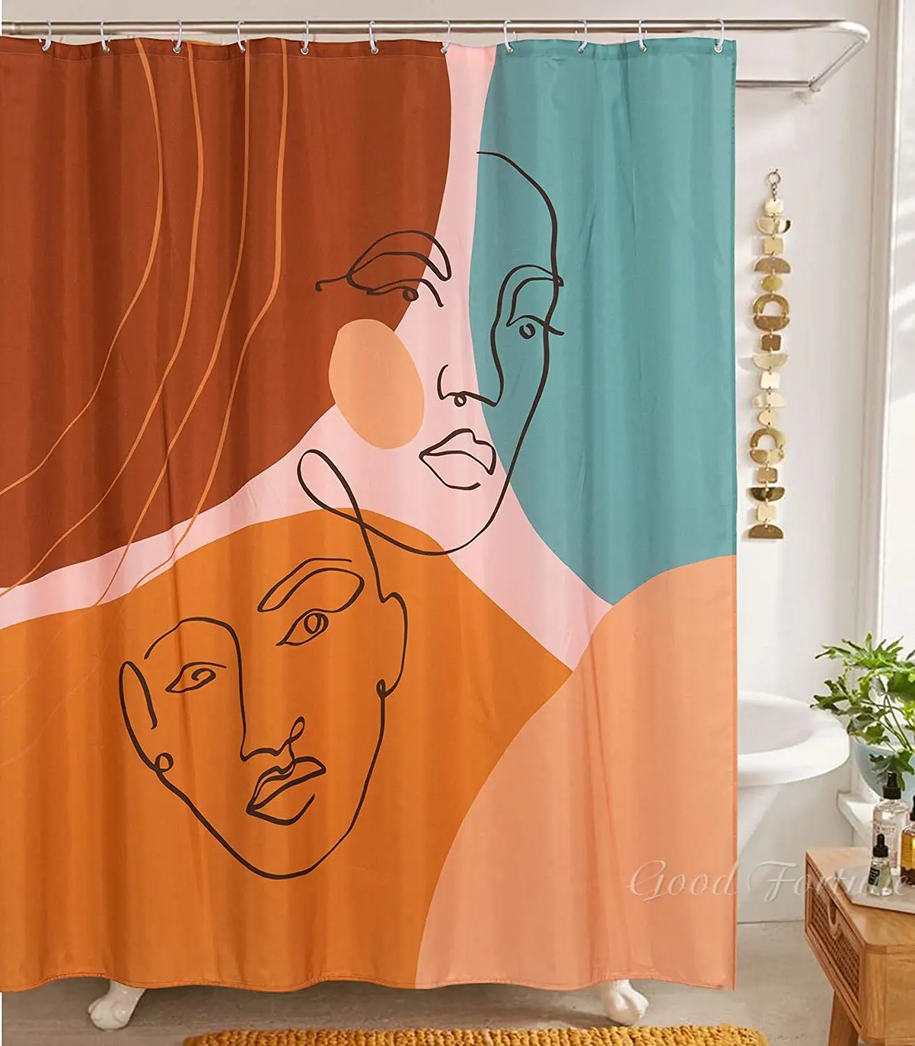 

Aesthetic Terracotta Shower Curtain Minimalist Abstract Modern Line Art And Human Faces Bathroom Vintage Cute Scandinavian