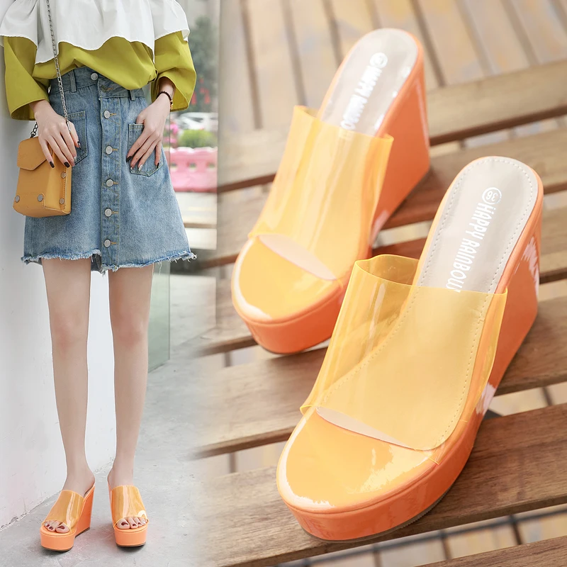 

Wedge Transparent Peep Toe Fluorescent Women's Slippers Sandals Fashion Platform Slides 11cm High Heels NIUFUNI Shoes For Women