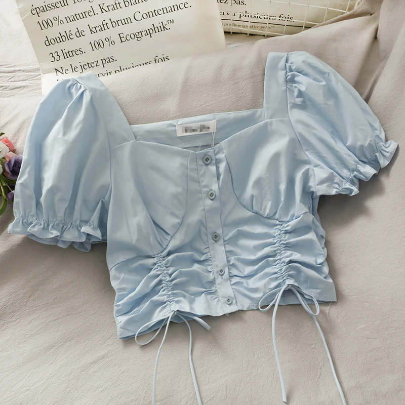 2021 summer new short sleeve drawstring blouse square collar front buttons design solid color tops shirts women | Женская одежда