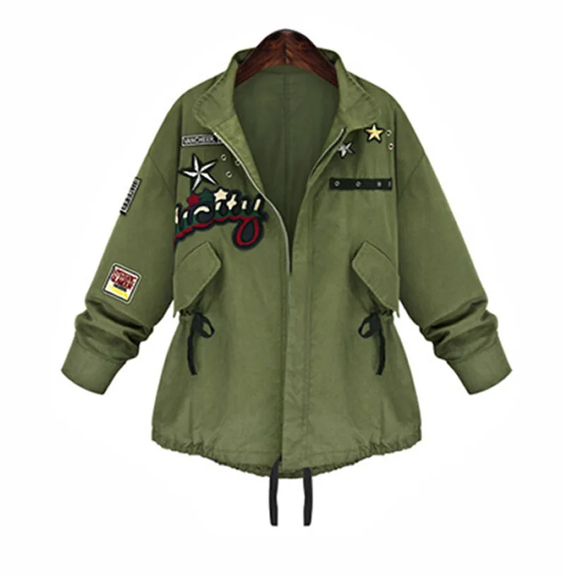 

Women's Jacket 2021 Autumn Winter Green Military Jacket Long-sleeved Loose Patch Cardigan Jacket Turn-down Collar Female Coat
