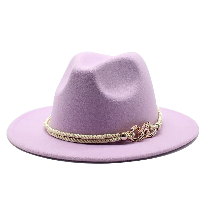 

Hot Selling Light purple Woolen Fedora Hats Ladies Striped Retro Flat Brim Straight Side Men Women Jazz Hat Panama