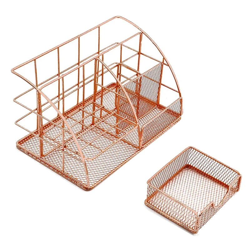 

Rose Gold Desk Organizer for Women, All in One Mesh Office Supplies Desk Accessories, Features 5 Compartments