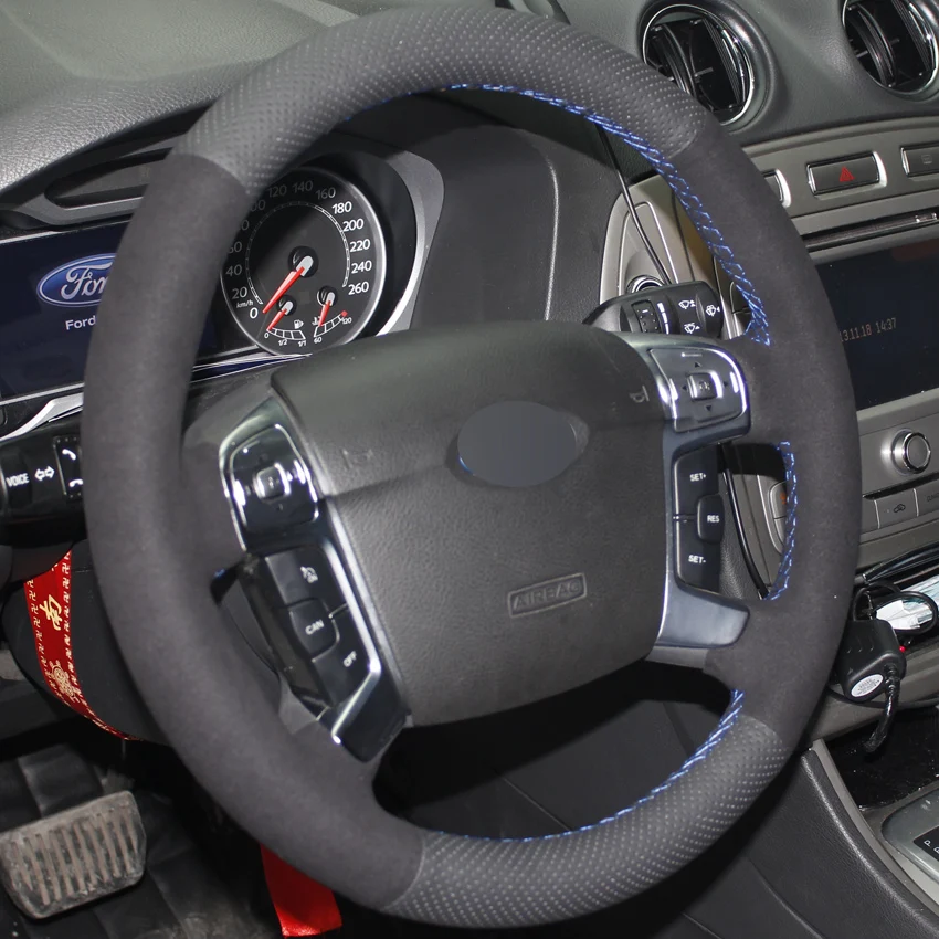 

LQTENLEO Black Suede Leather DIY Hand-stitched Car Steering Wheel Cover for Ford Mondeo Mk4 2007-2012 S-Max 2008
