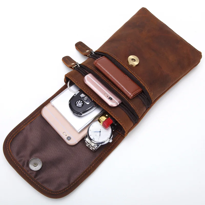 

Men Genuine Leather Waist Pack Bag Double Zipper Wallet Cell/Mobile Phone Pocket Cigarette Case Coin Purse Male Fanny Money Bags