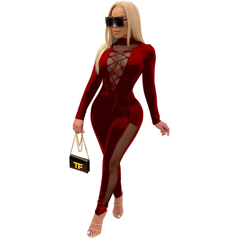 

Echoine Mesh Patchwork Velvet Jumpsuit Woman Mock Neck Lace Up Long Sleeve Backless One Piece Overalls Night Club Outfits