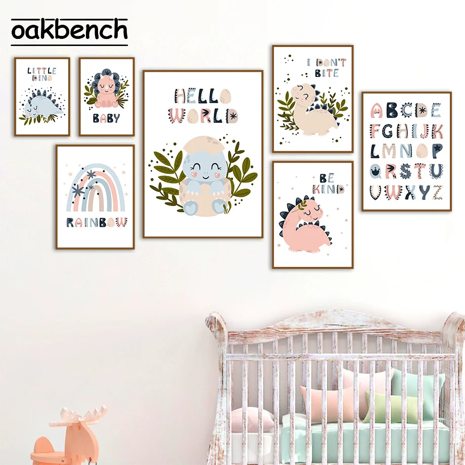 

Dinosaur Posters And Prints Leaves Art Painting Little Dino Poster Alphabet Print Rainbow Pictures Nursery Kids Room Decor