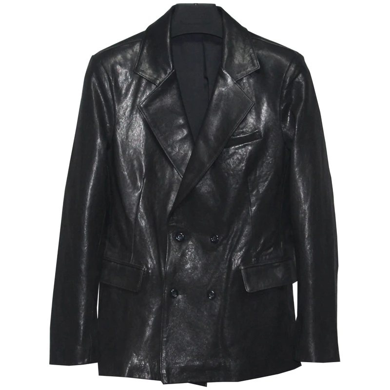 

2020 smart casual slim fit genuine blazers double breasted sheepskin jacket men short leather suits for male