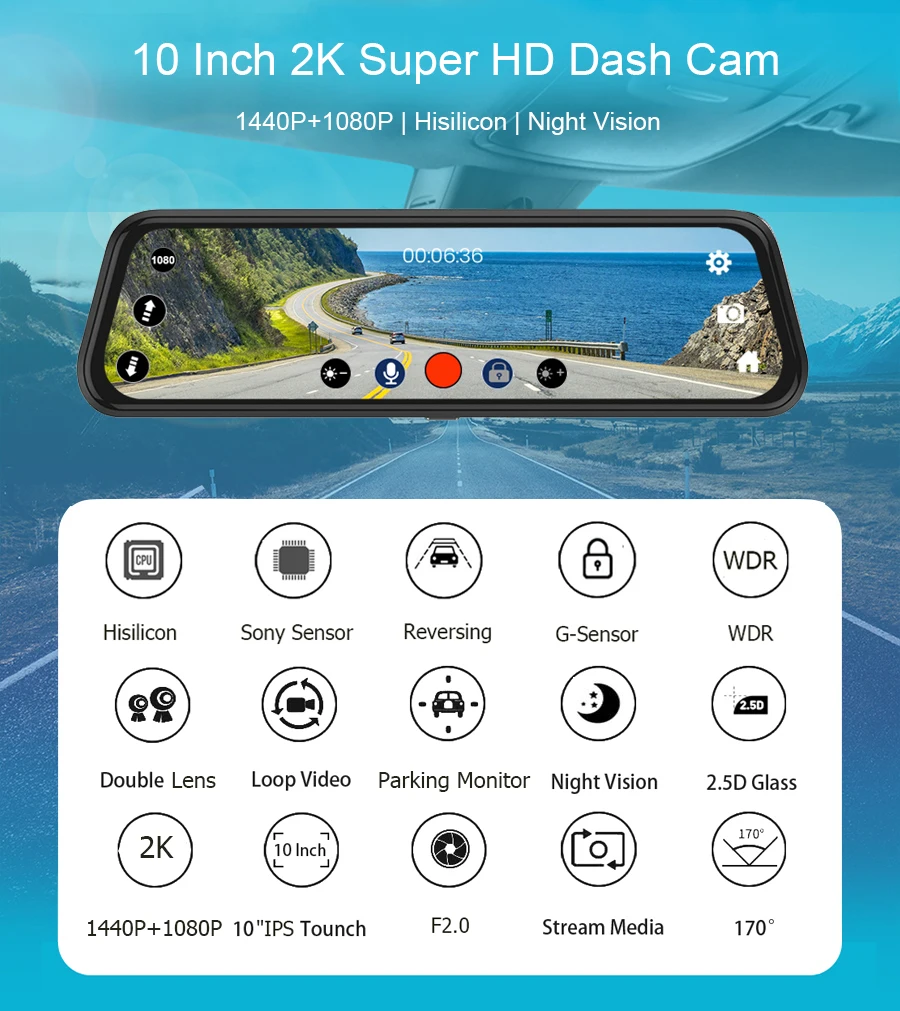 Anfilite 10 &quot2 k Автомобильный видеорегистратор Камера заднего вида зеркало 1440P gps