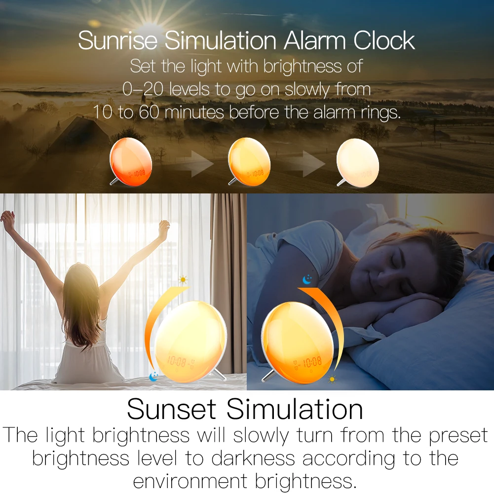WiFi Wake Up Smart Light Alarm Clock with 7 Colors Sunrise Sunset Simulation Tuya APP Control Works Alexa Google Home | Дом и сад
