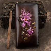 genuine leather long purse wrist money bags female id credit cards clips floral embossed women printing clutch wallet zipper bag