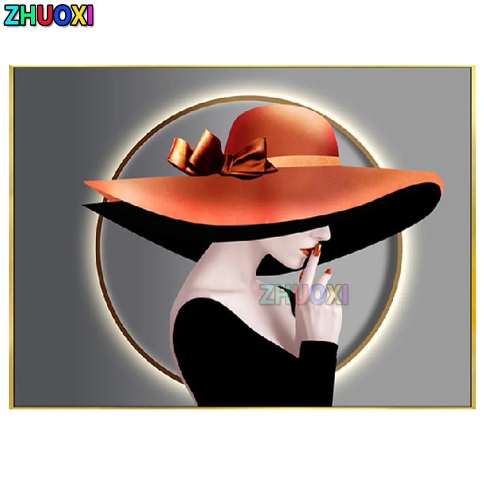 

Diamond Embroidery Orange Hat Woman Cross Stitch Kit Picture of Rhinestones DIY 5D Diamond Painting Full Square round Drill