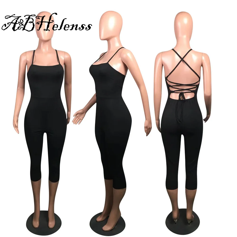 

A&BHelenss Women Jumpsuit Backless Knee Length Overalls Lady Club Playsuit 2021 Summer Solid New Playsuit