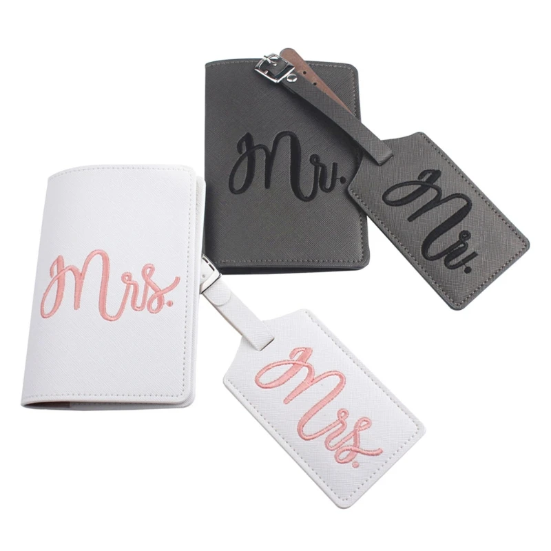 

1Set PU Leather Luggage Bag Tag Embroidery Mr./Mrs. Passport Case Cover Wallet for Couples Honeymoon Travel Organizer QXNC