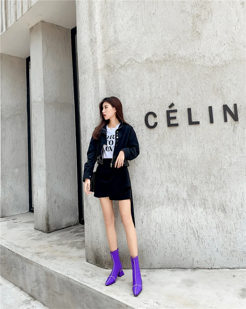 2019 г. женские фиолетовые ботинки ботильоны из сатина Шелковый носок сапоги на