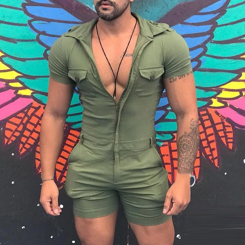 

2021 Gentleman Solid Zipper Lapel Playsuit Casual Men Short Sleeve Shorts Overalls Summer Pockets Design Jumpsuit Streetwear 5XL