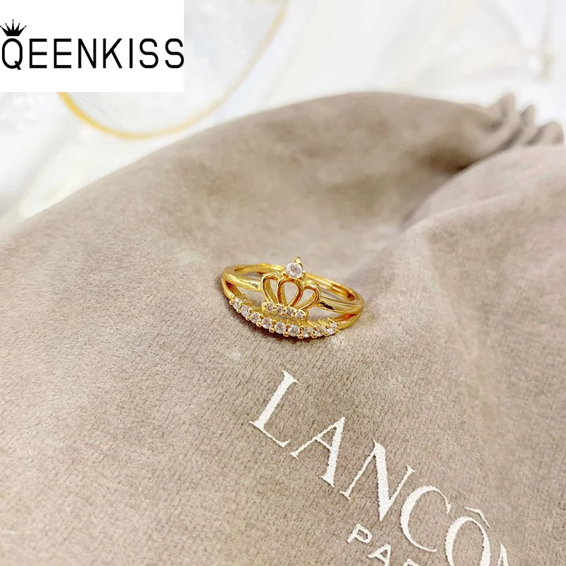 

QEENKISS RG5143 Fine Jewelry Wholesale Fashion Woman Girl Birthday Wedding Gift Vinge Crown AAA Zircon 24KT Gold Resizable Ring