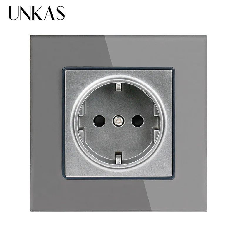 

UNKAS Crystal Glass Panel Wall Power Socket Grounded 16A EU Standard Electrical Outlet Black White Gold Grey Colorful