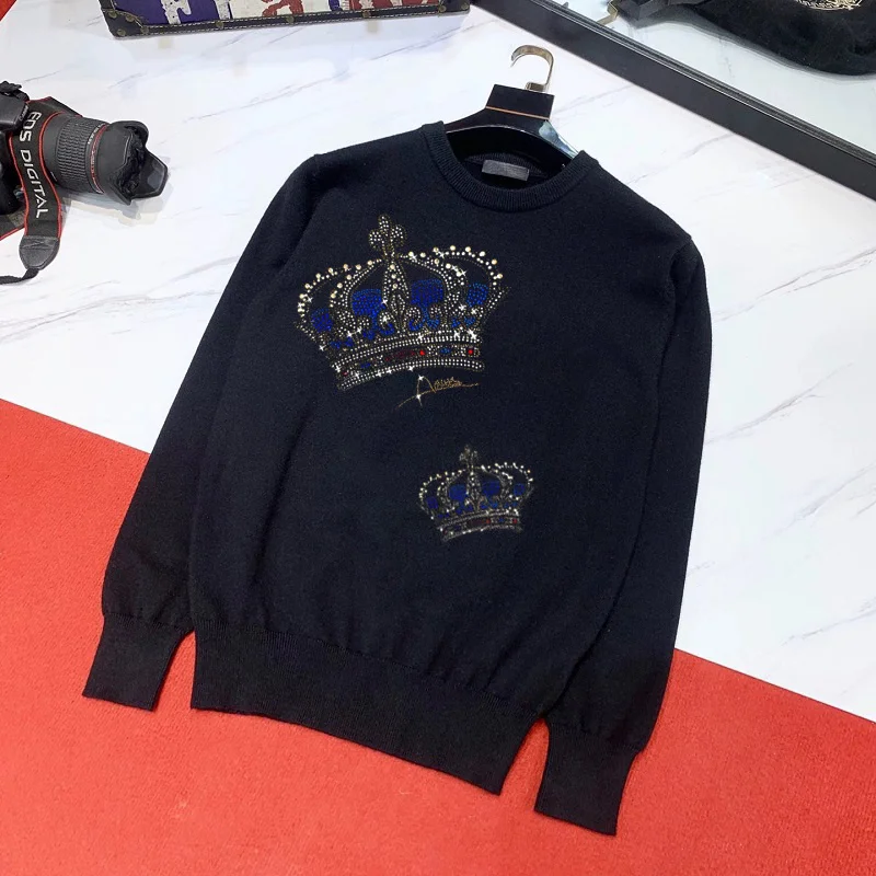 

Slim Winter Top Head Pullover Youth Black and White Cashmere ThickBrand Men's Sweater Crown Rhinestone
