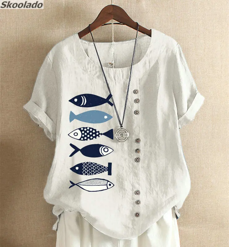 Блузка женская летняя из хлопка и льна с круглым вырезом коротким рукавом |