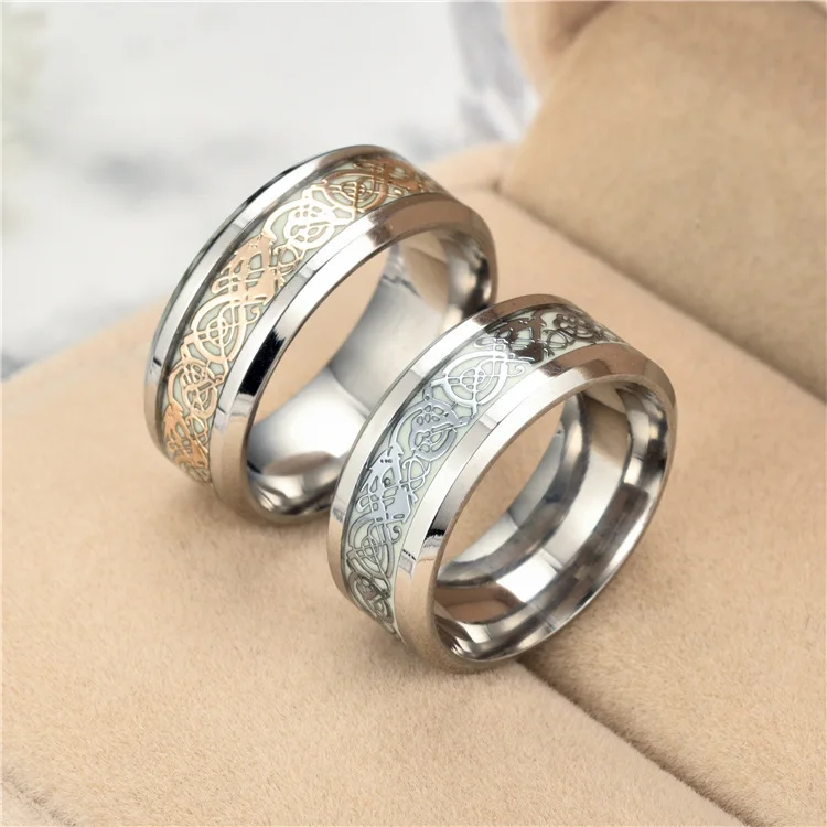 

Luminous Plated Ring Dark Golden Dragon Inlay Green Background Fashion Men Fluorescent Glowing Rings