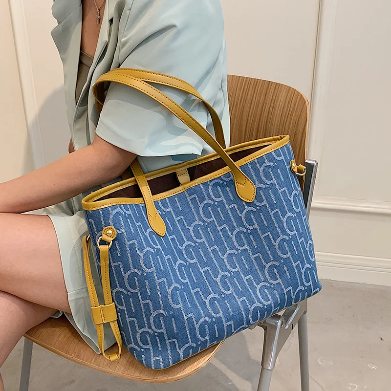 

Джинсовая женская композитная сумка через плечо большой емкости 2021 модная дорожная сумка с принтом женские сумки и кошельки 2 шт. / Компл.