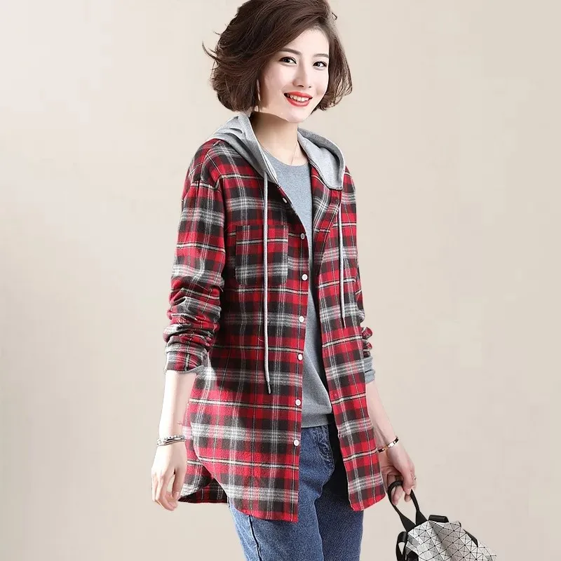 

2021 New Autumn Woman Plaid Jackets Shirts Vintage Long Sleeve Loose Hooded Jackets For Women Winter Femme Blouse
